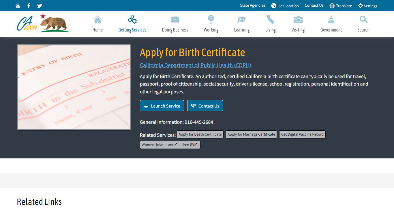 Apply for Birth Certificate - California